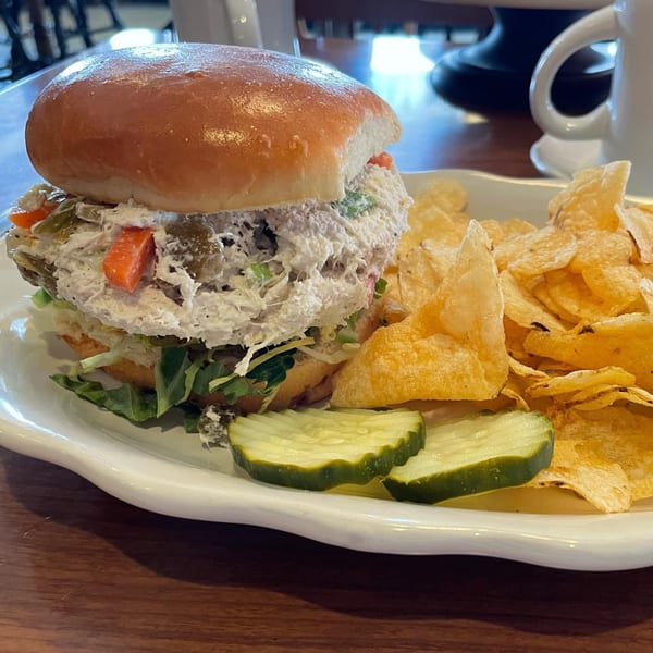 Chicken salad sandwich on a bun with lettuce, pickles, and a side of potato chips.