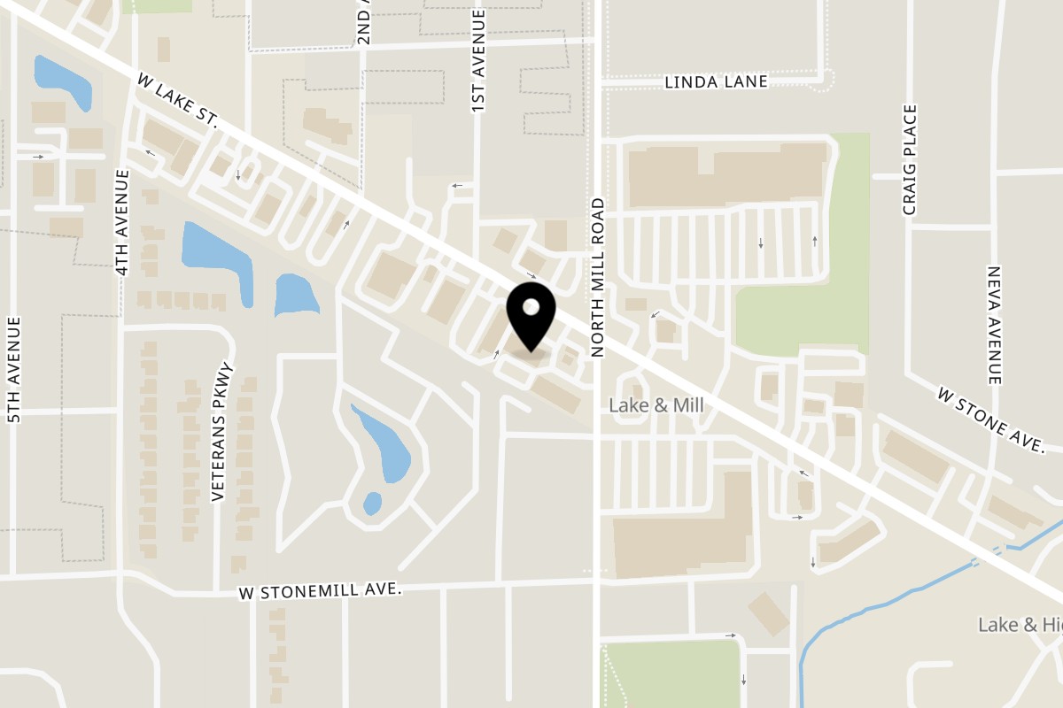 Map showing the location of Millie's Pancake Shoppe on 605 W Lake St in Addison